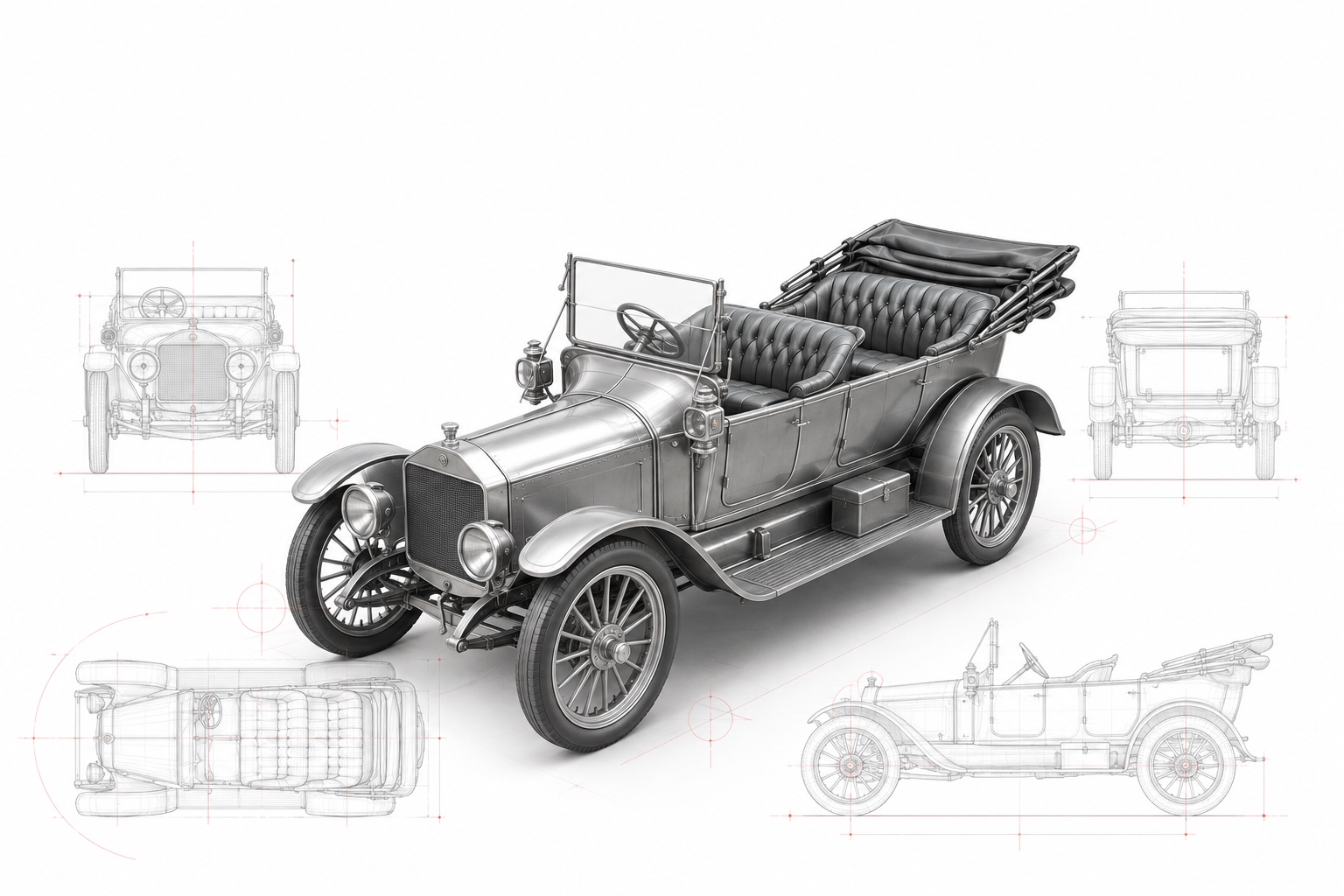 1910-inspired car with surrounding technical wireframe drawings