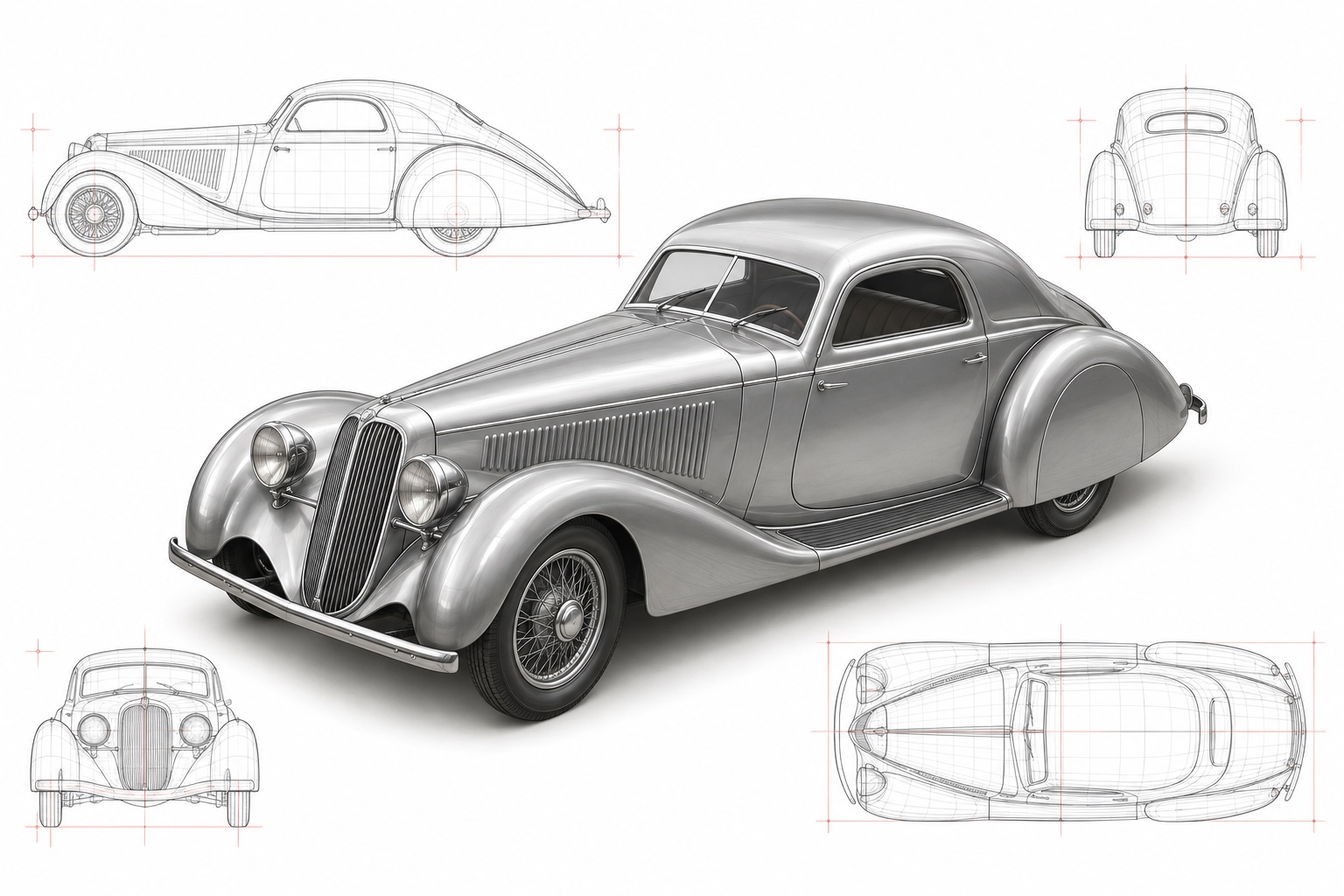 1935-inspired car with surrounding technical wireframe drawings