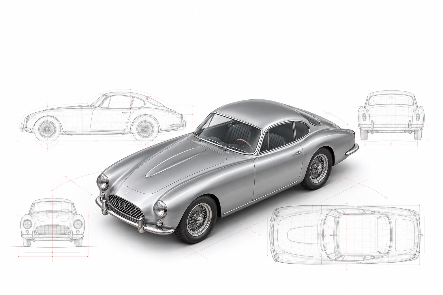 1955-inspired car with surrounding technical wireframe drawings