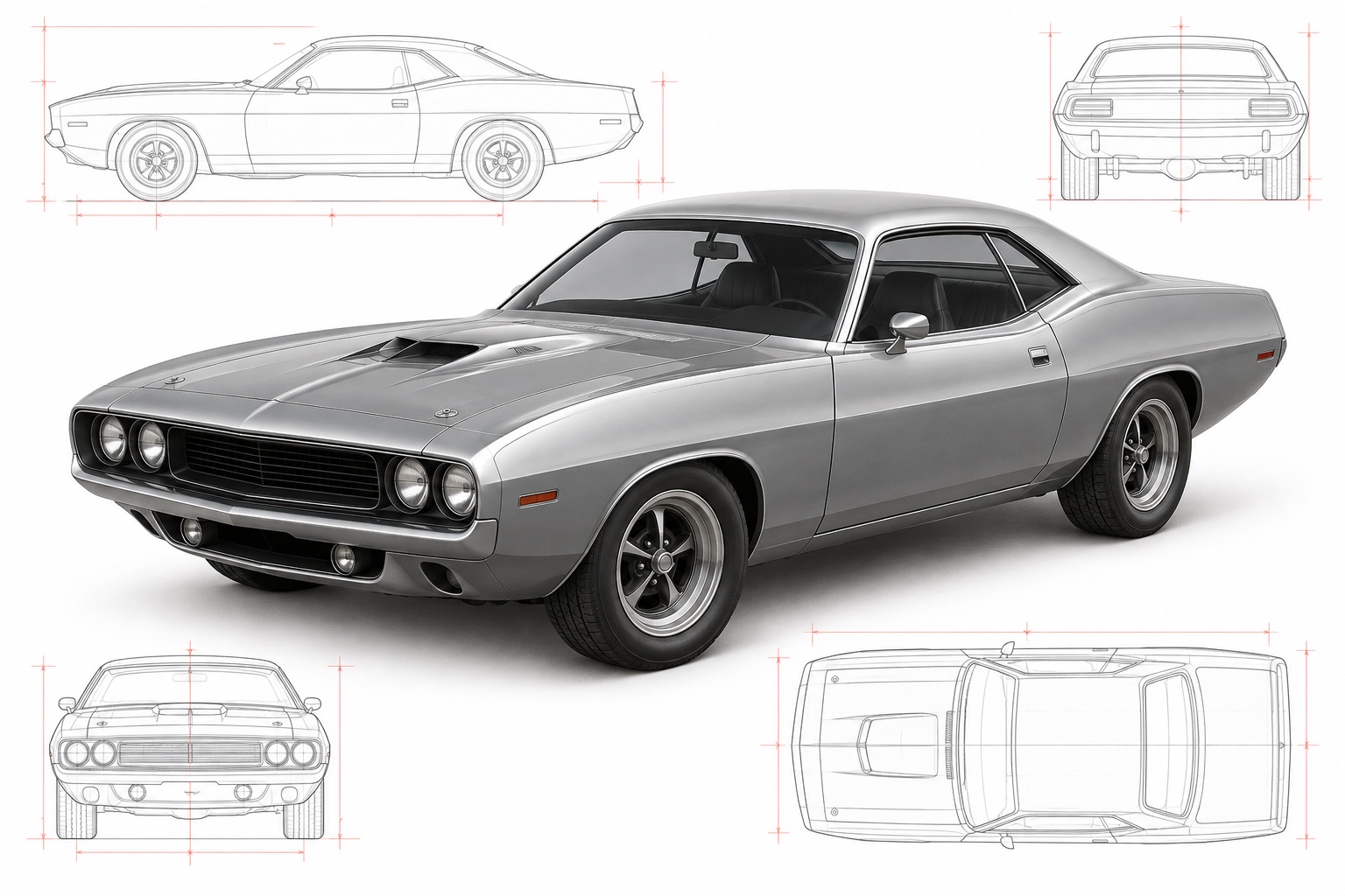 1970-inspired car with surrounding technical wireframe drawings