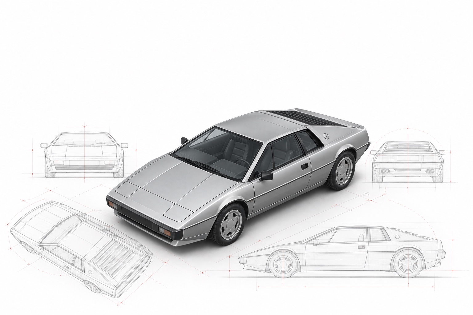 1985-inspired car with surrounding technical wireframe drawings