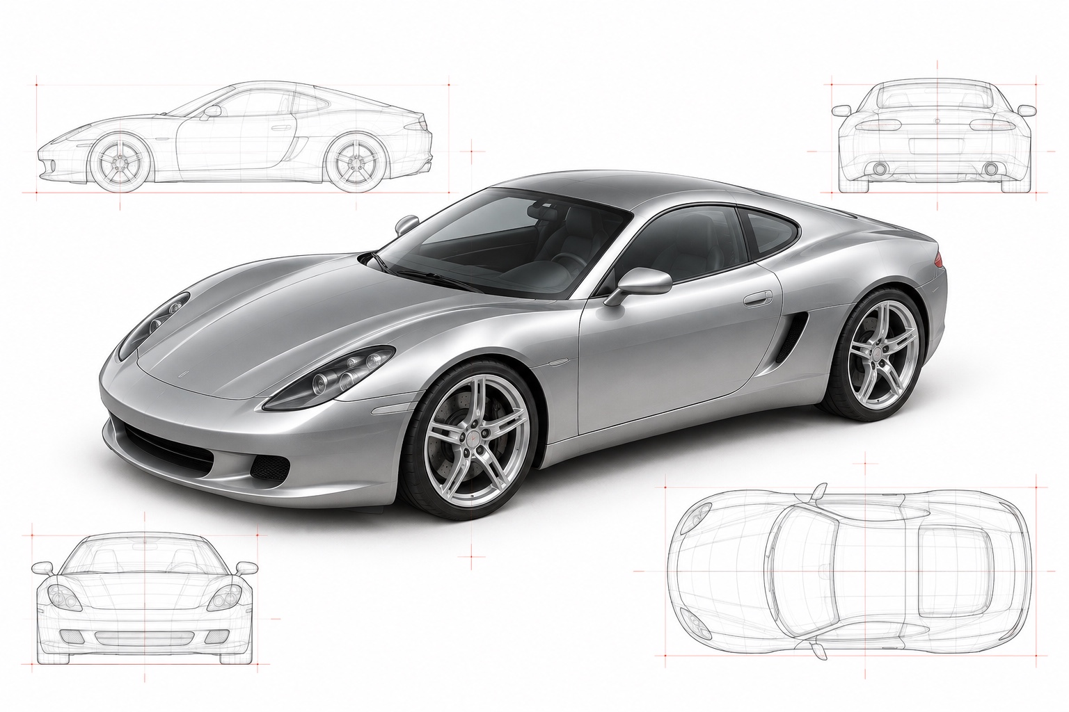 2005-inspired car with surrounding technical wireframe drawings