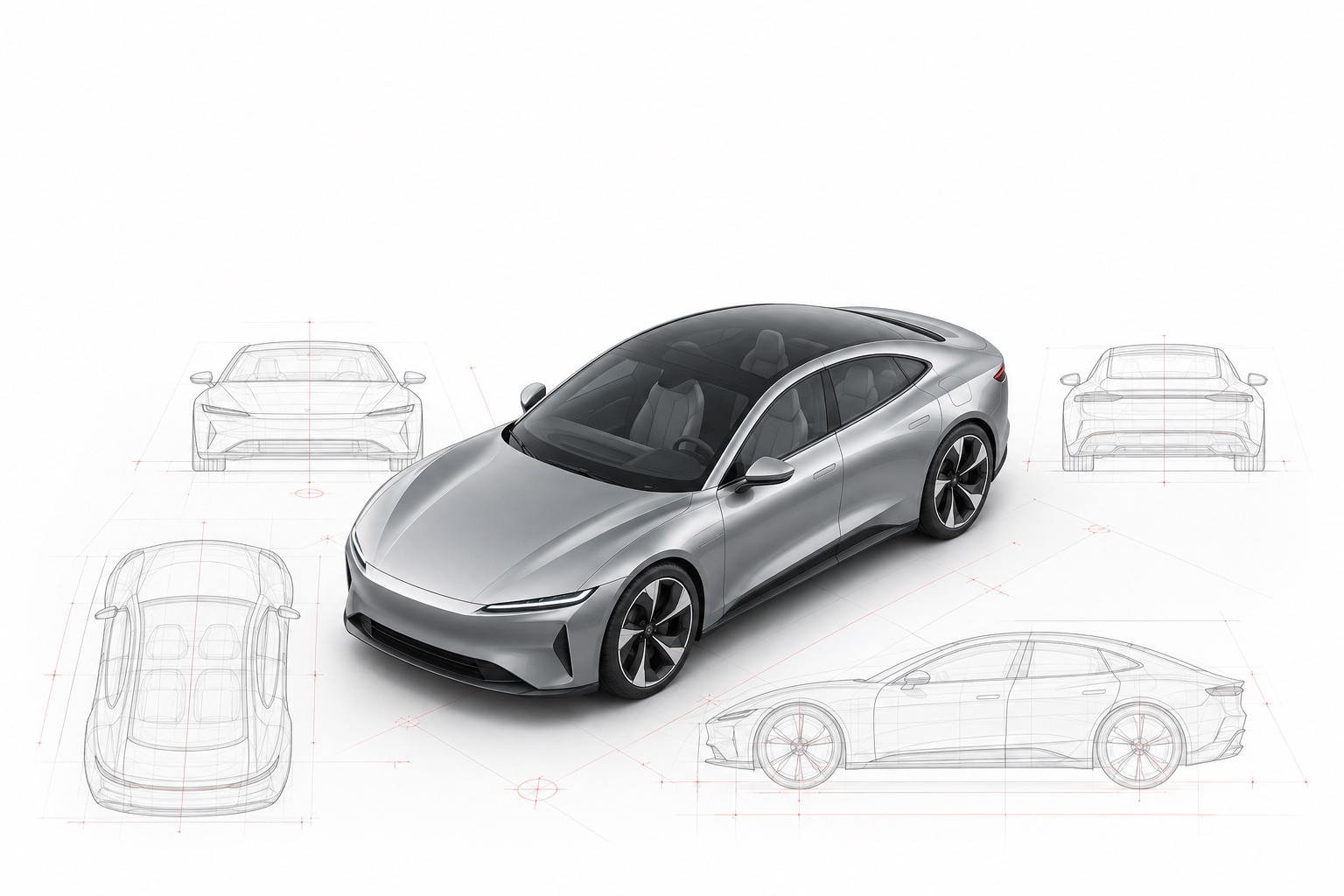 2025-inspired car with surrounding technical wireframe drawings