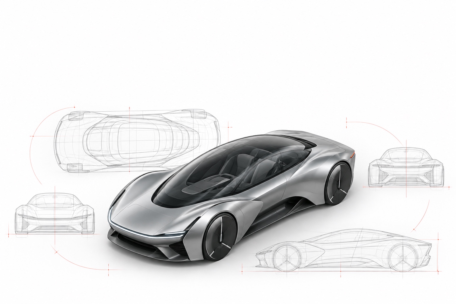 2050-inspired car with surrounding technical wireframe drawings